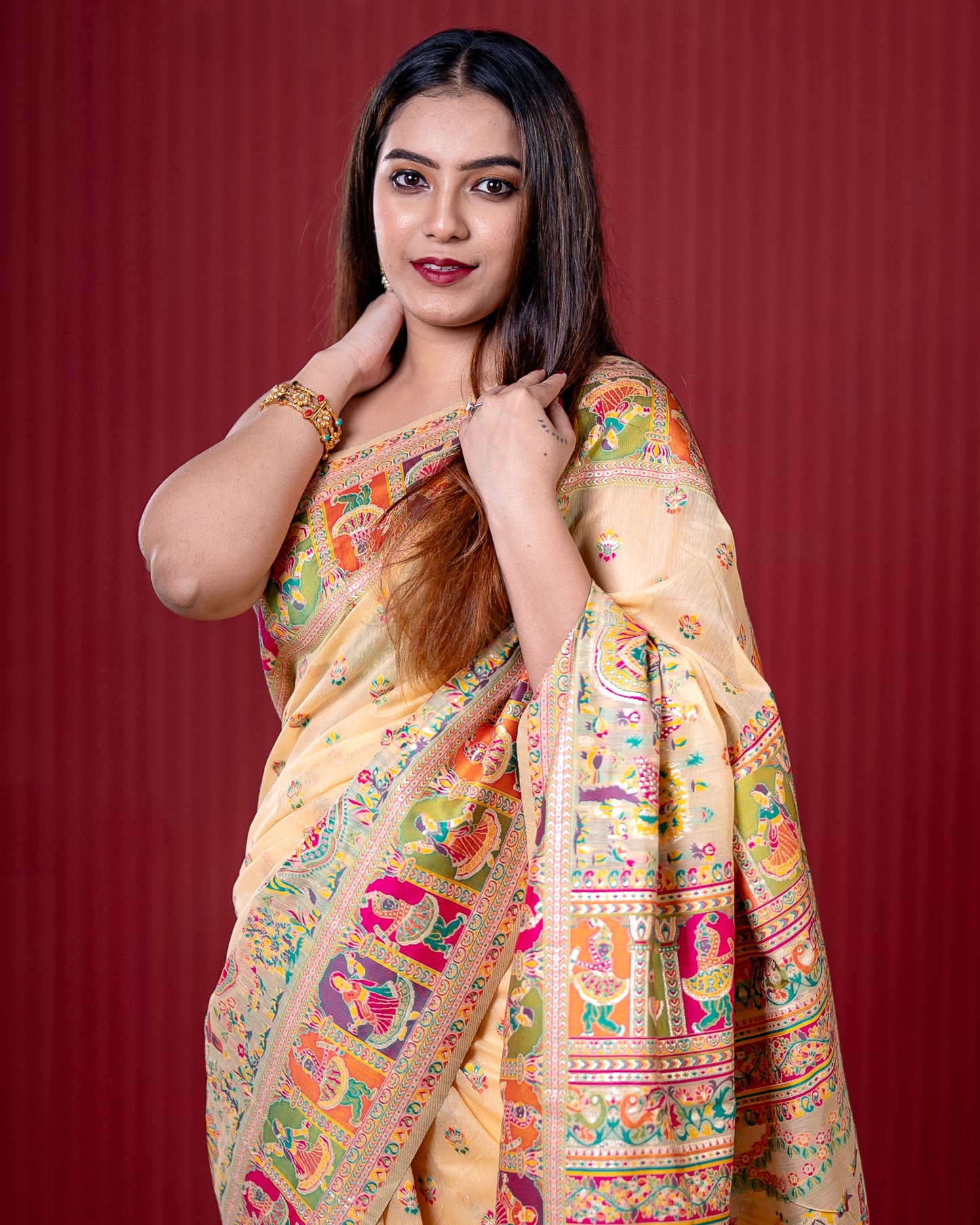 Light Peach Pashmeena Cotton Silk Weaving Saree