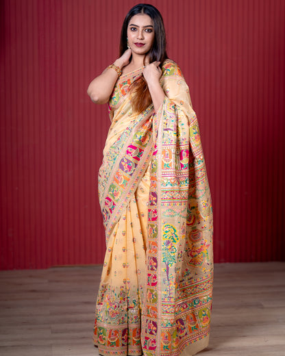 Light Peach Pashmeena Cotton Silk Weaving Saree