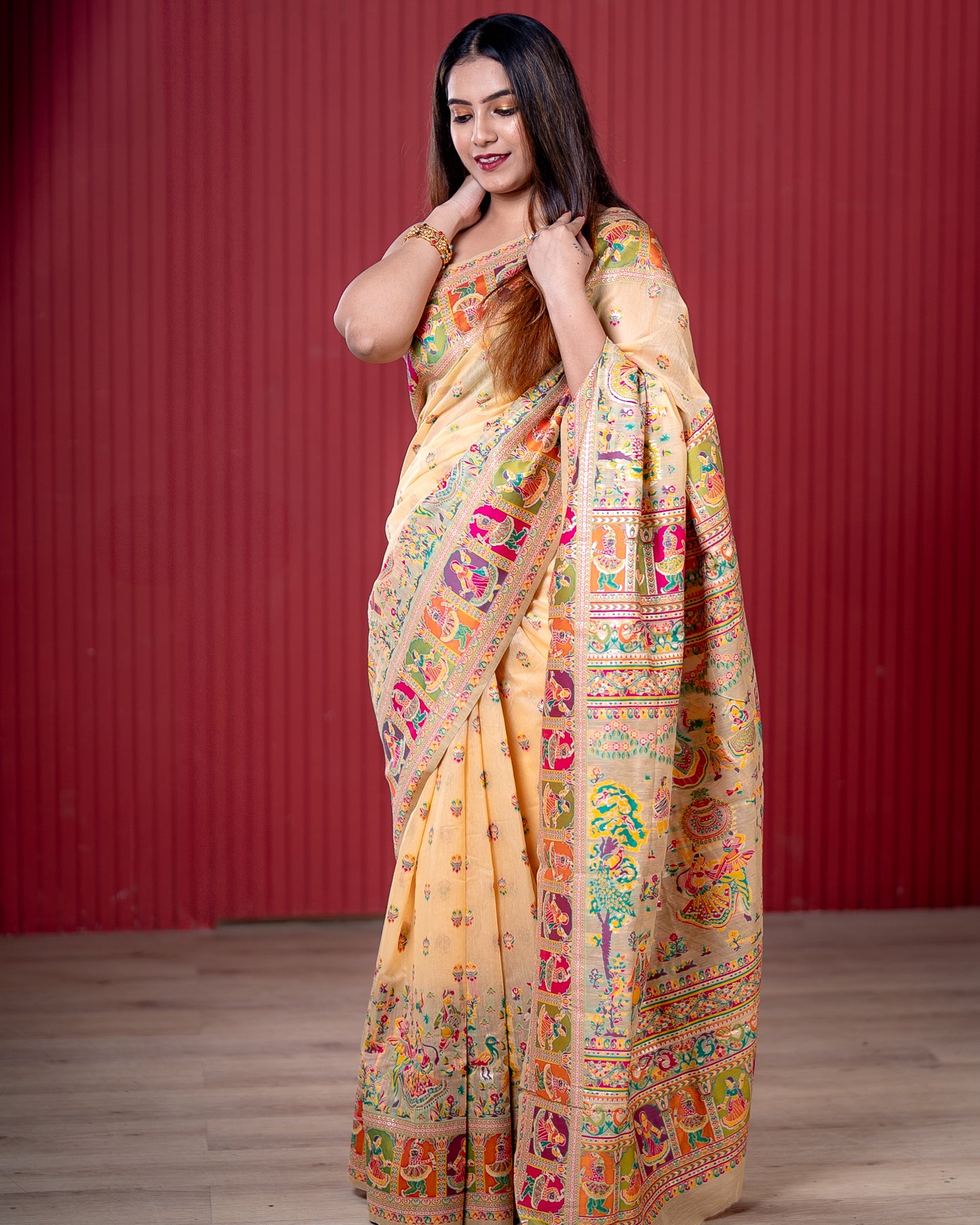 Light Peach Pashmeena Cotton Silk Weaving Saree