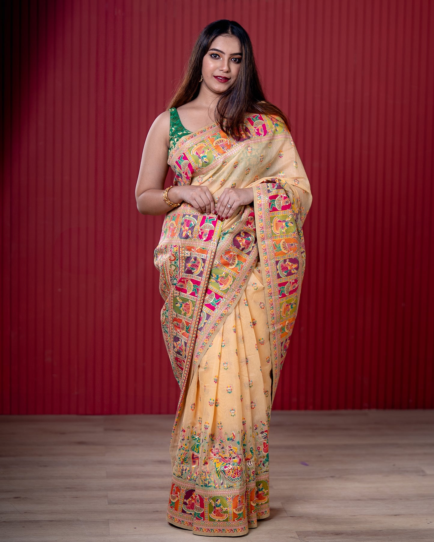 Light Peach Pashmeena Cotton Silk Weaving Saree
