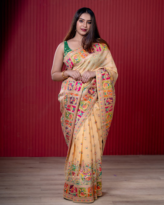 Light Peach Pashmeena Cotton Silk Weaving Saree