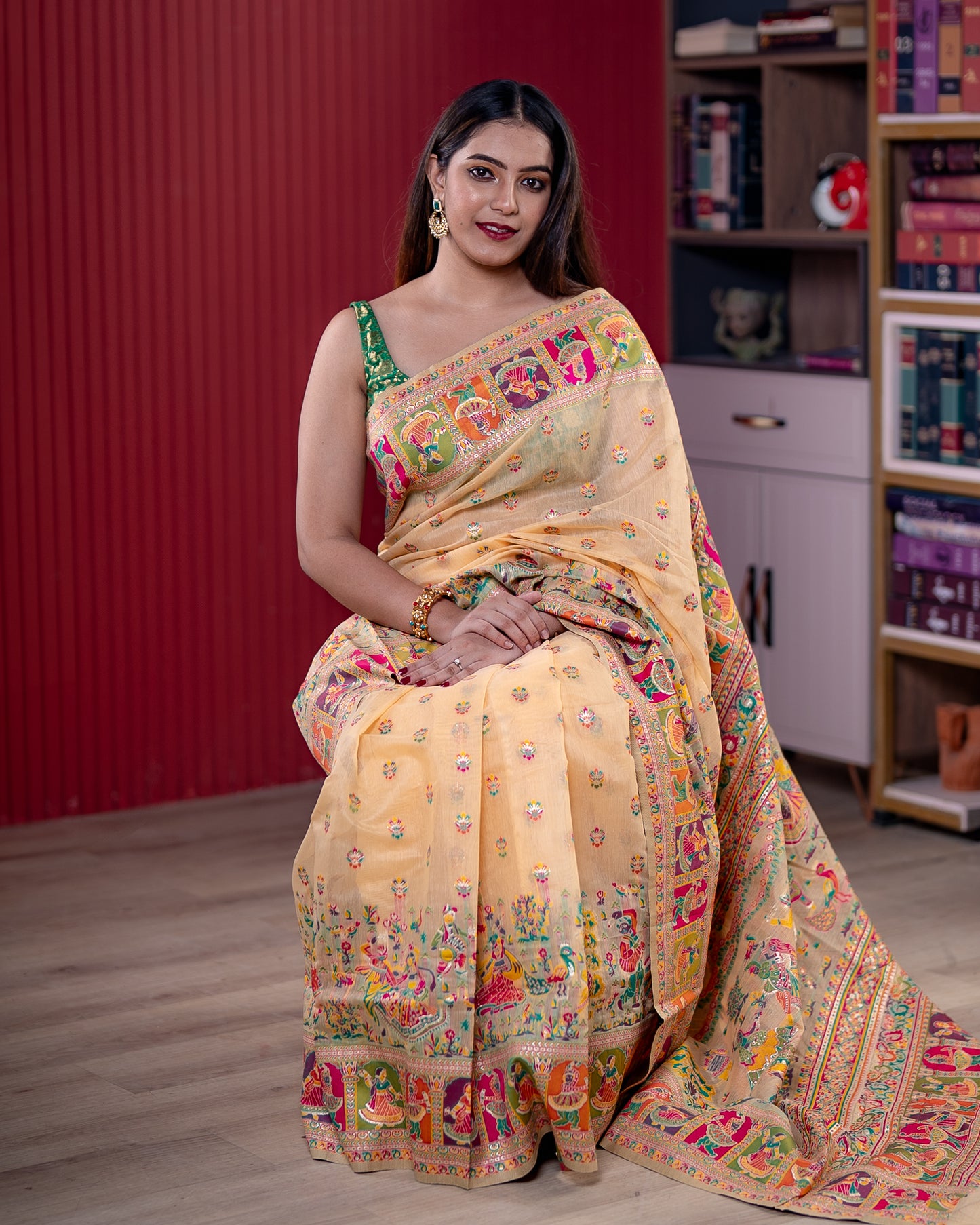 Light Peach Pashmeena Cotton Silk Weaving Saree