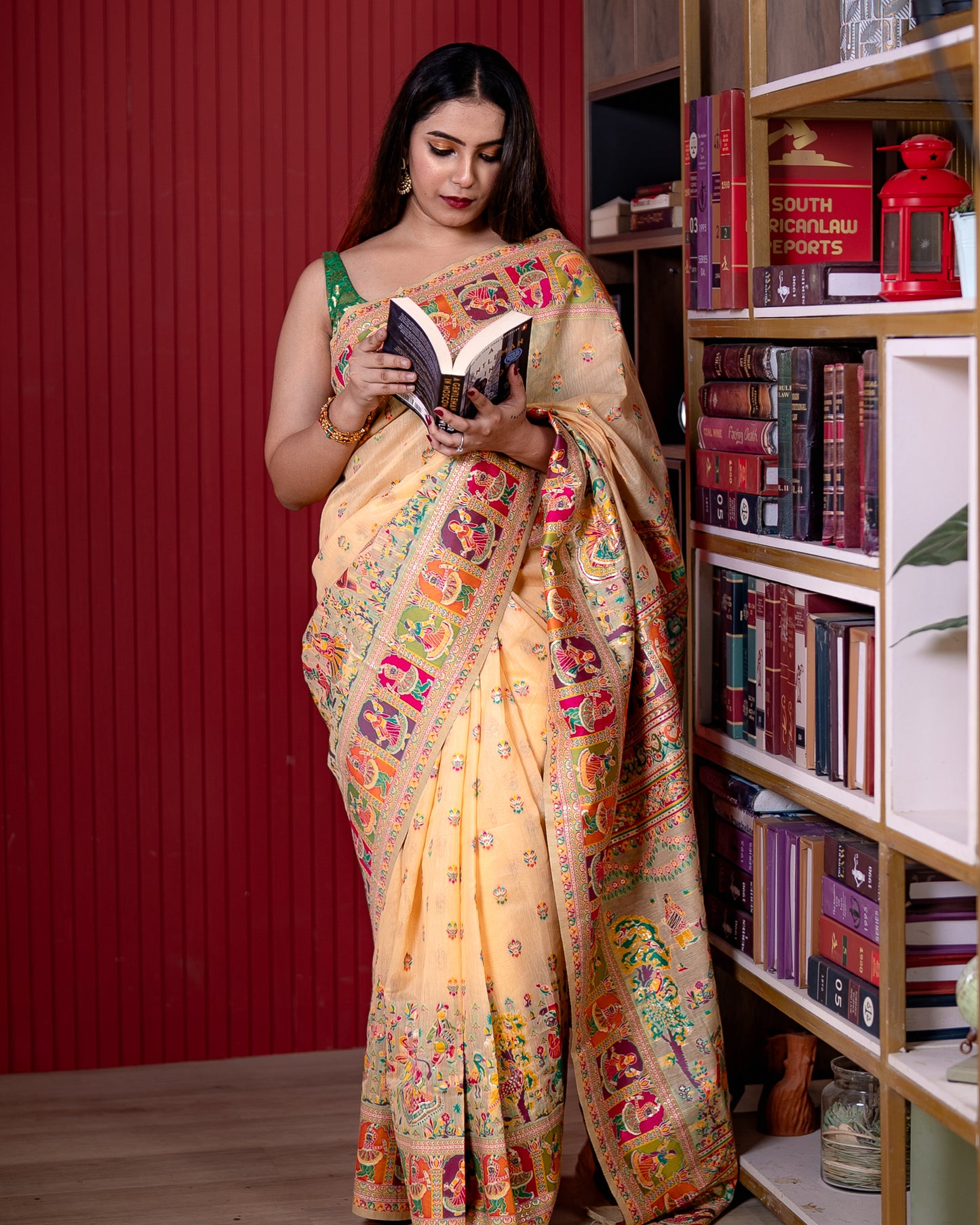 Light Peach Pashmeena Cotton Silk Weaving Saree