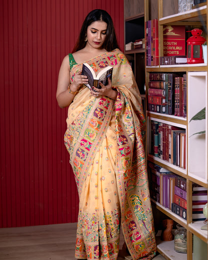 Light Peach Pashmeena Cotton Silk Weaving Saree