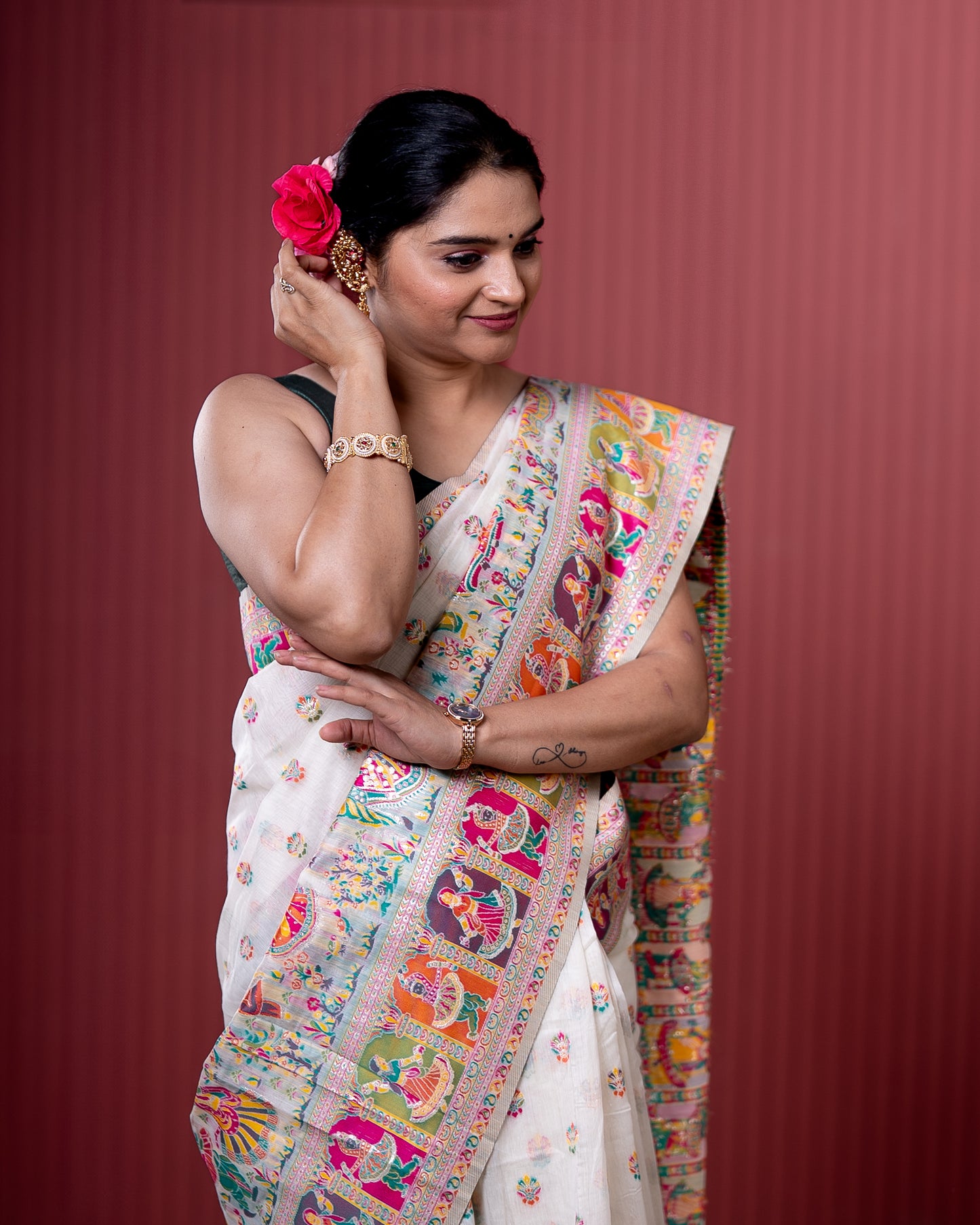 White Pashmeena Cotton Silk Weaving Saree