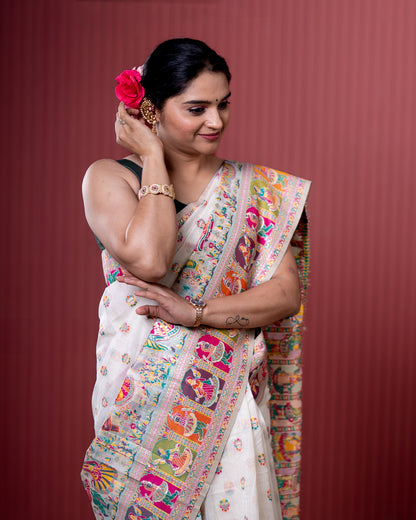 White Pashmeena Cotton Silk Weaving Saree