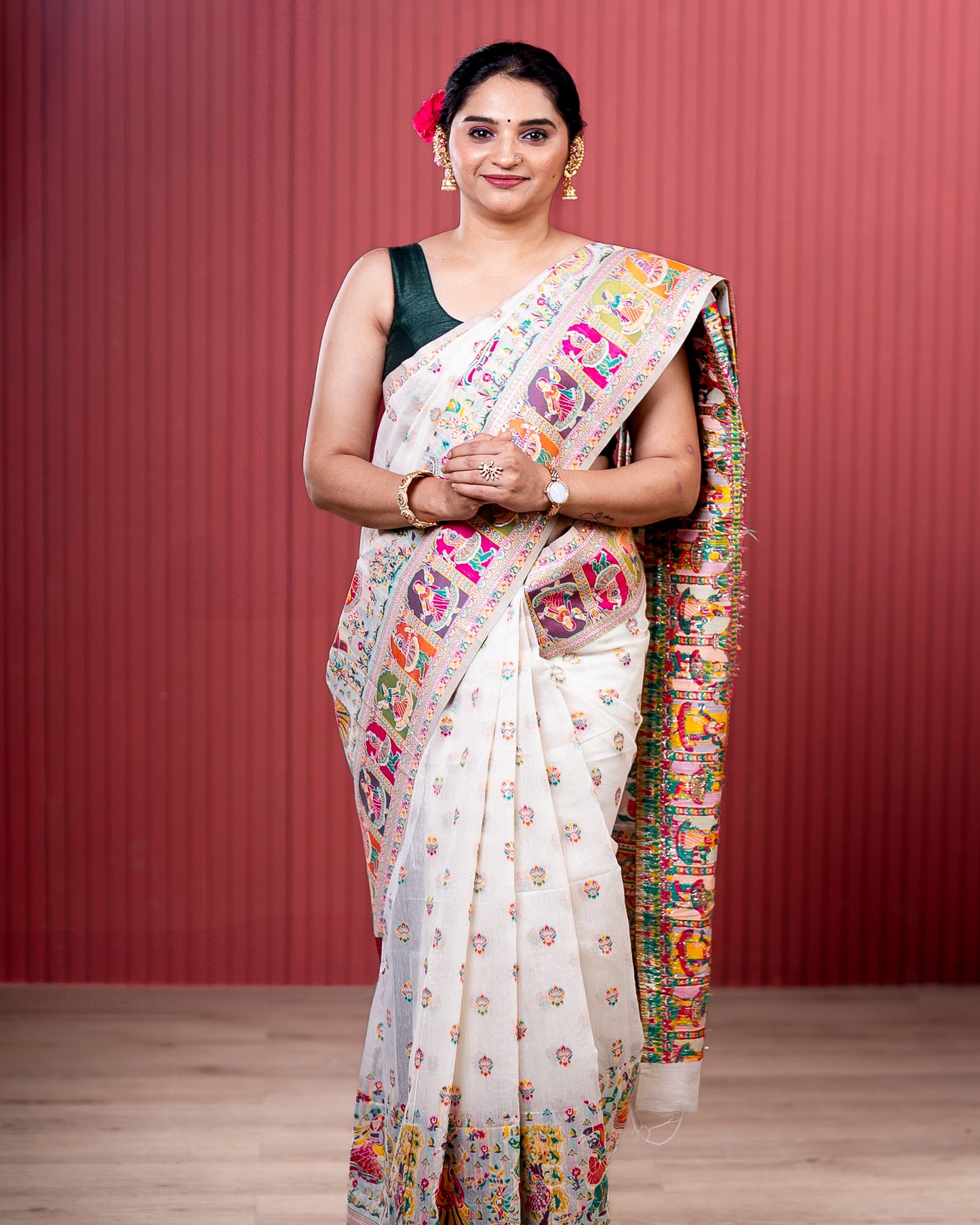 White Pashmeena Cotton Silk Weaving Saree