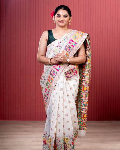 White Pashmeena Cotton Silk Weaving Saree