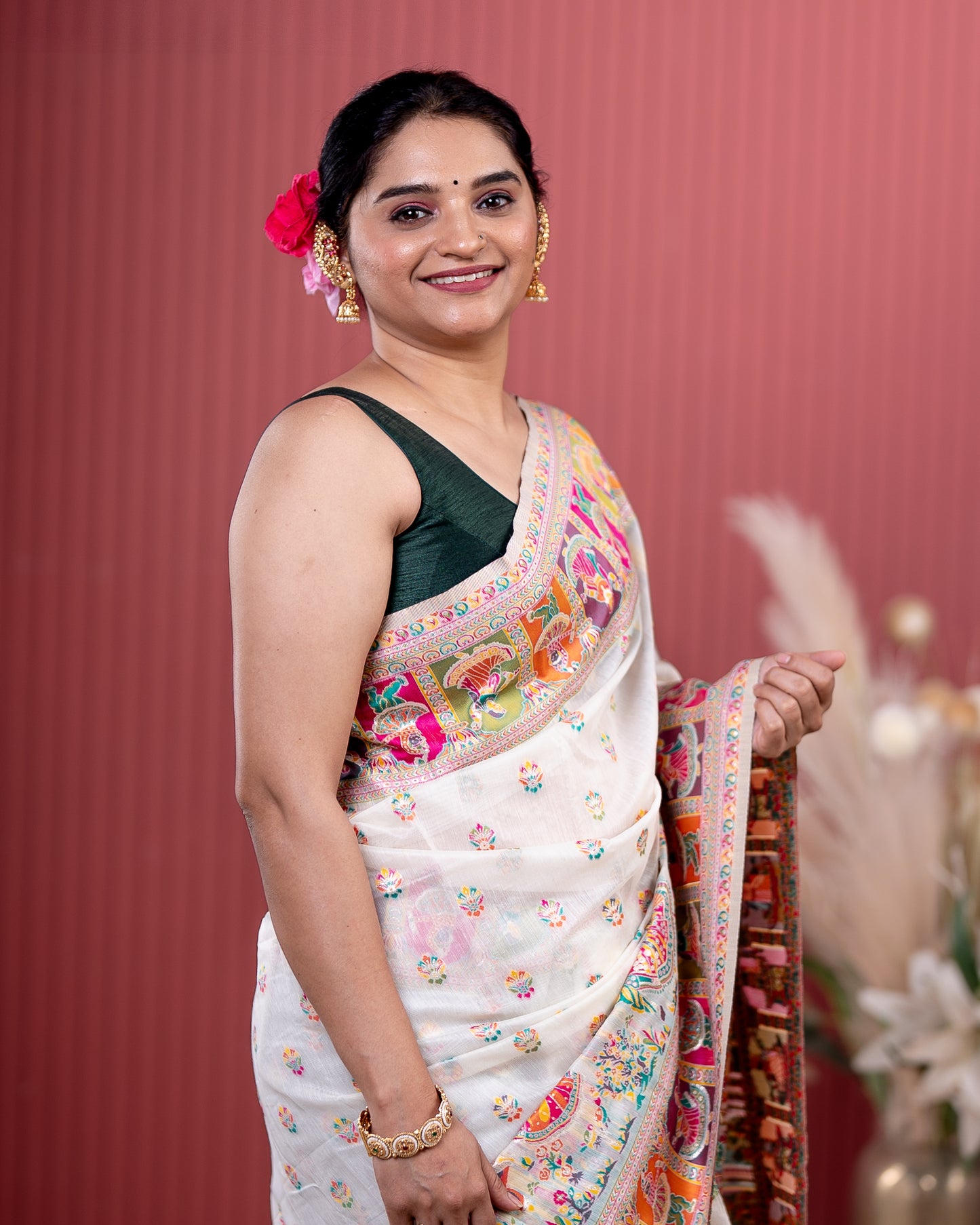 White Pashmeena Cotton Silk Weaving Saree