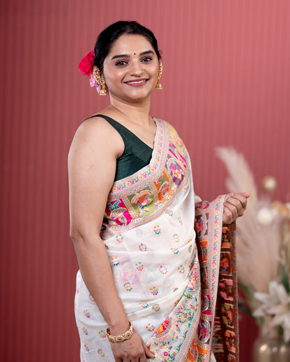 White Pashmeena Cotton Silk Weaving Saree