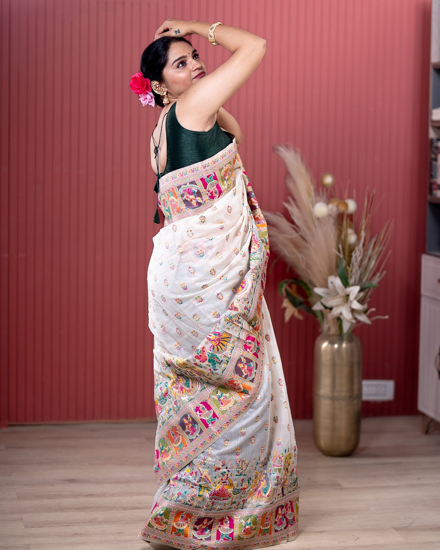 White Pashmeena Cotton Silk Weaving Saree