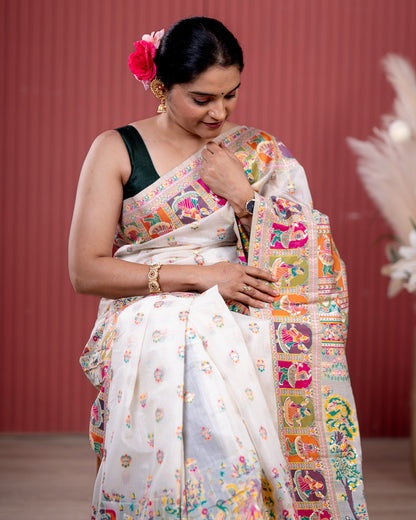 White Pashmeena Cotton Silk Weaving Saree