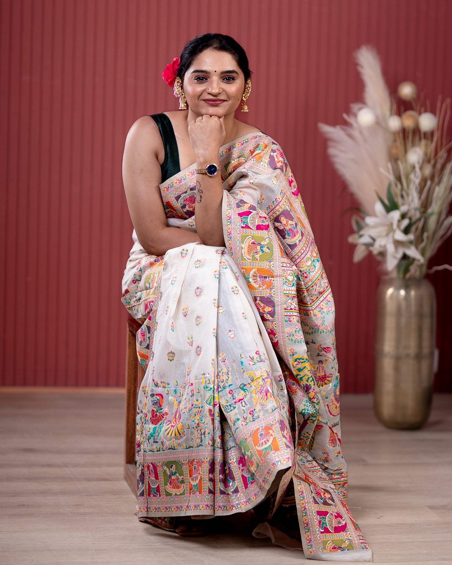 White Pashmeena Cotton Silk Weaving Saree