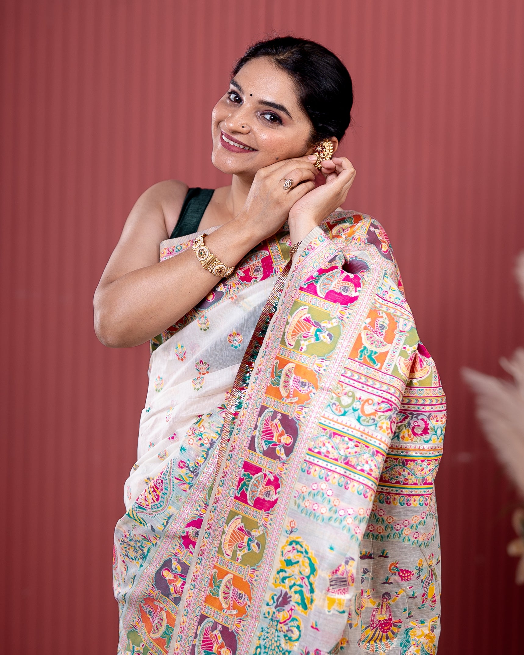 White Pashmeena Cotton Silk Weaving Saree
