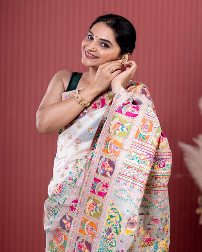 White Pashmeena Cotton Silk Weaving Saree