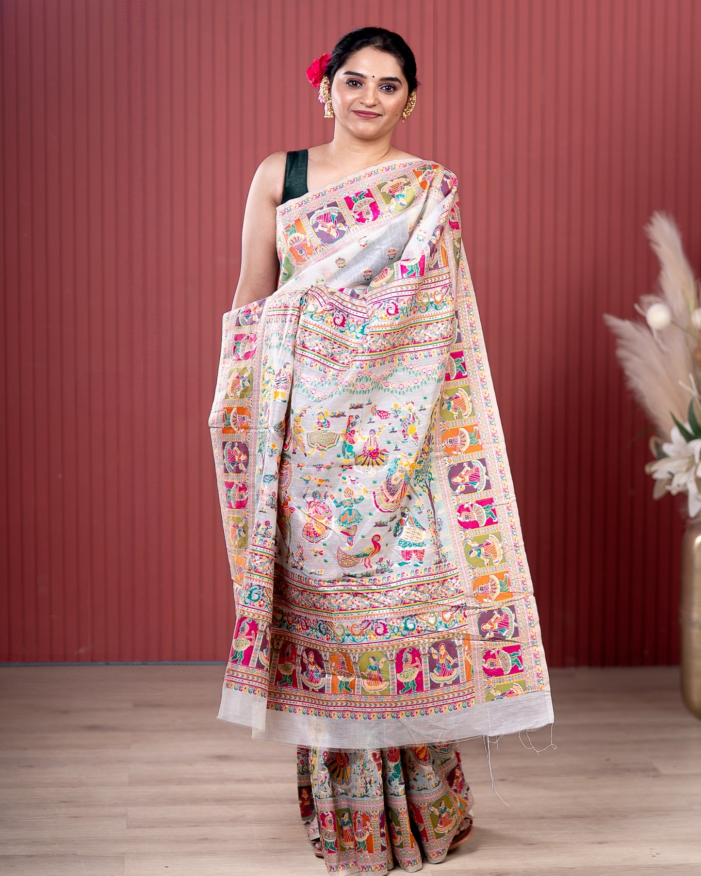 White Pashmeena Cotton Silk Weaving Saree