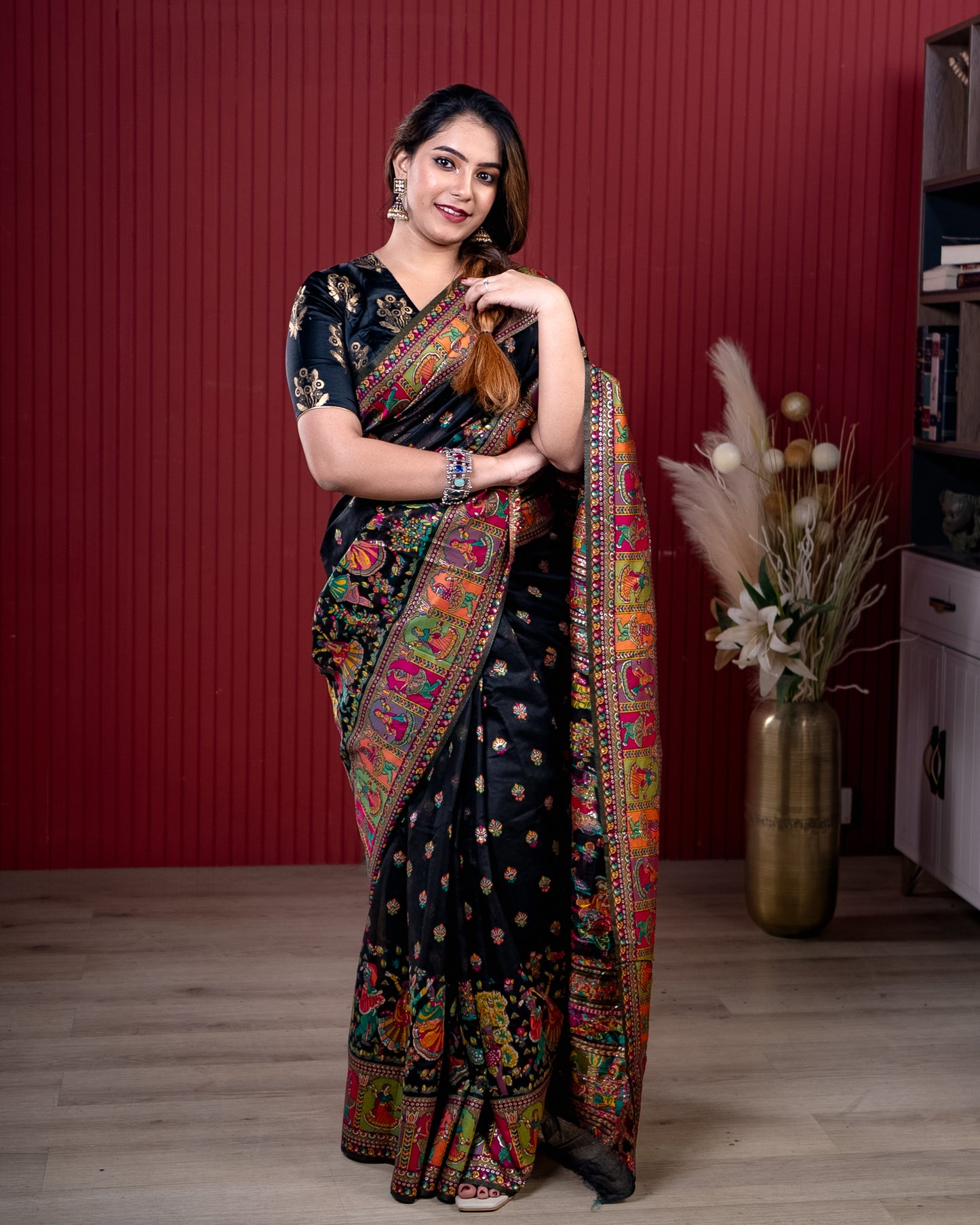 Black Pashmeena Cotton Silk Weaving Saree