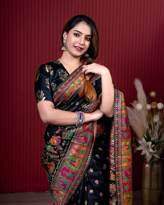 Black Pashmeena Cotton Silk Weaving Saree