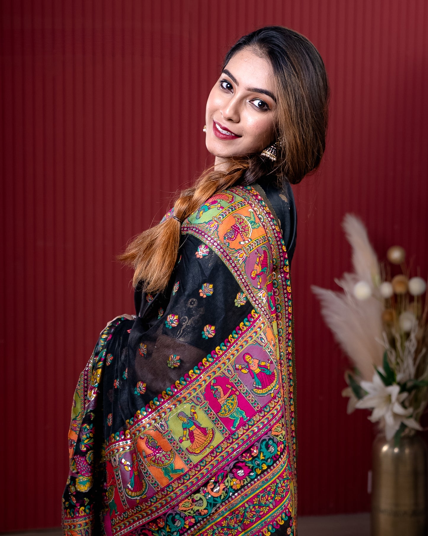 Black Pashmeena Cotton Silk Weaving Saree