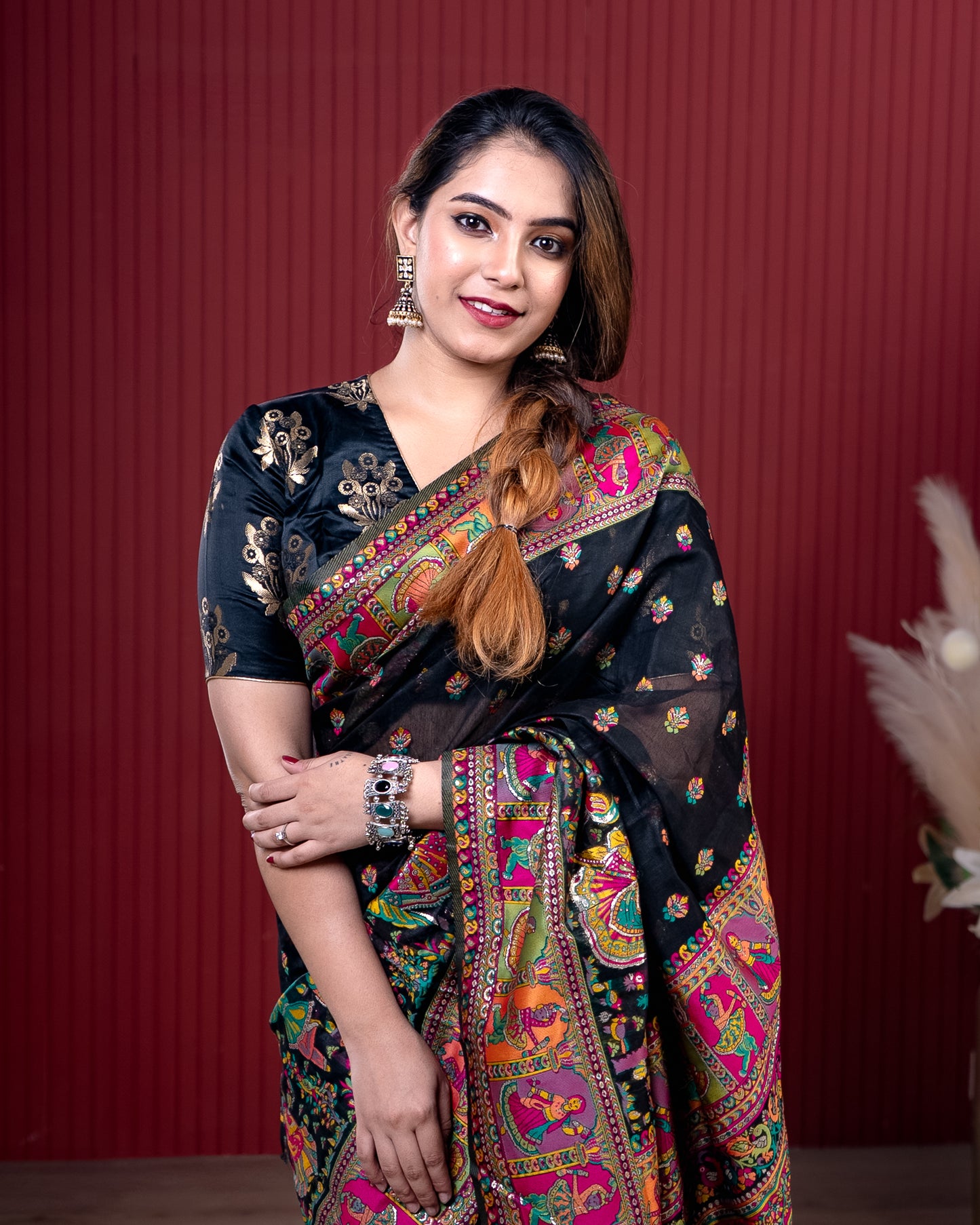 Black Pashmeena Cotton Silk Weaving Saree