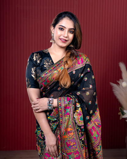 Black Pashmeena Cotton Silk Weaving Saree