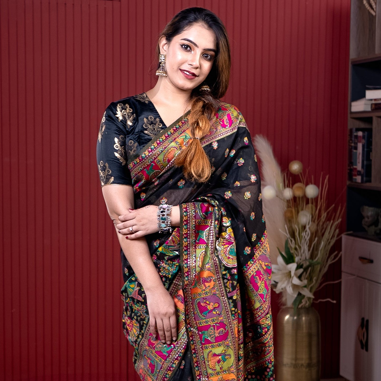 Black Pashmeena Cotton Silk Weaving Saree