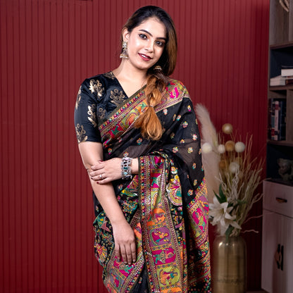 Black Pashmeena Cotton Silk Weaving Saree