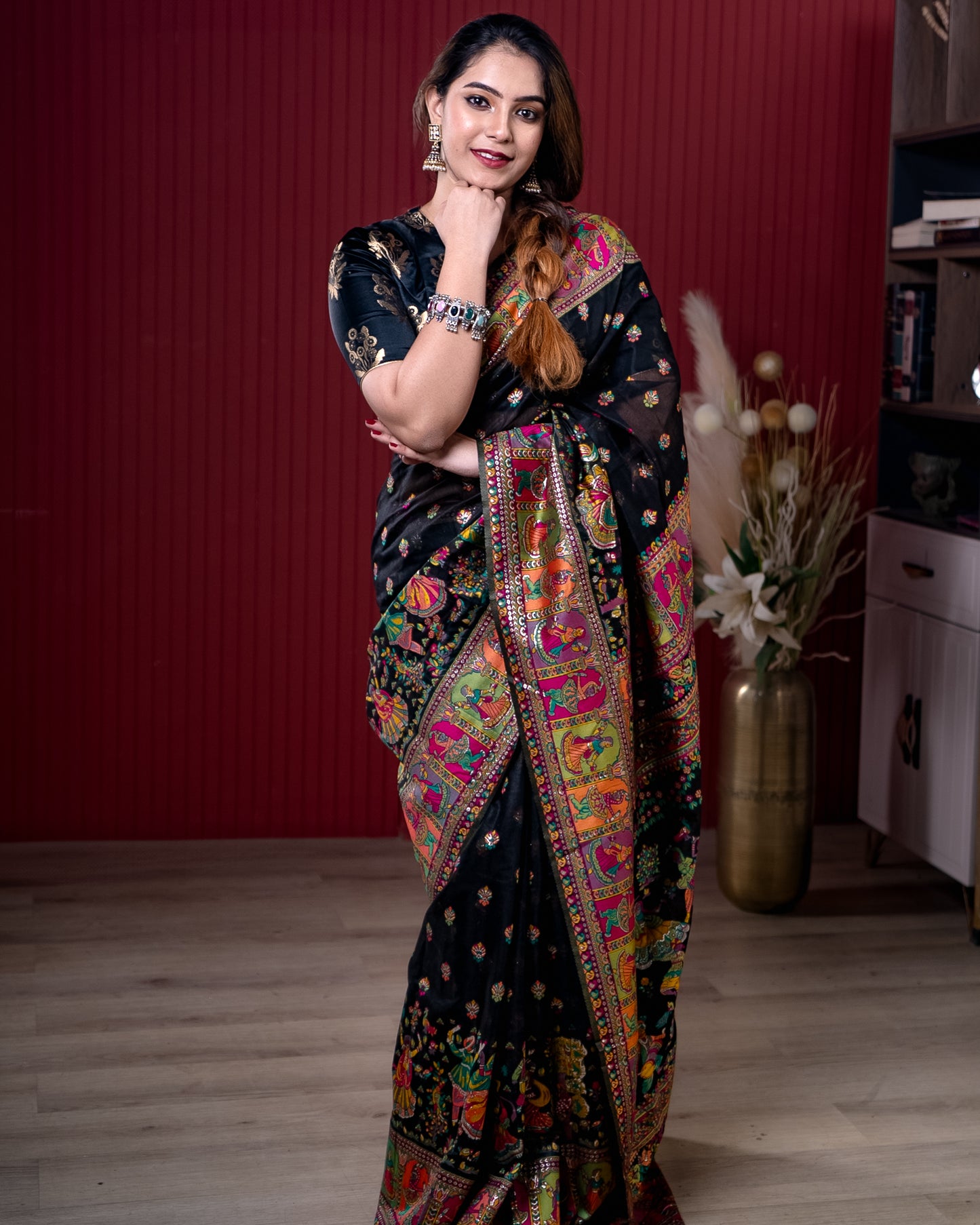 Black Pashmeena Cotton Silk Weaving Saree