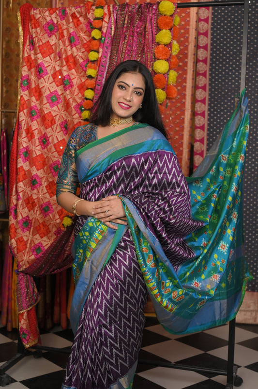 ⁠Purple body with Firoza border saree