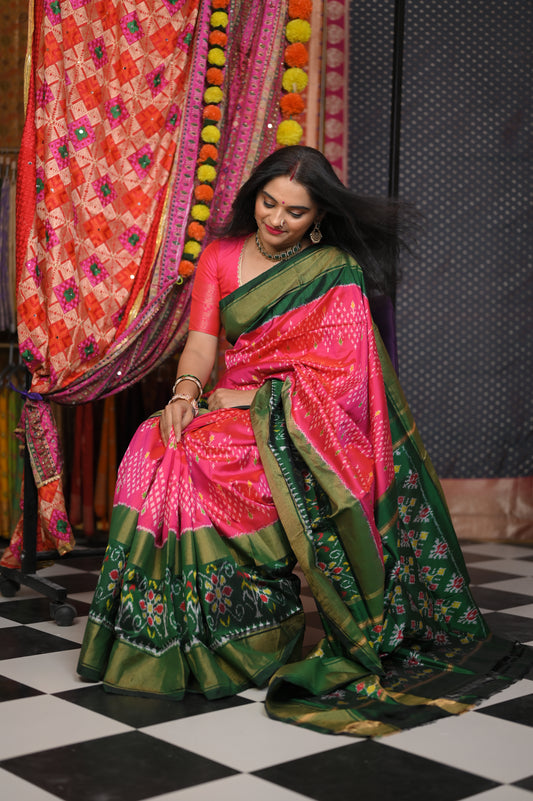 Pink body with Green border saree