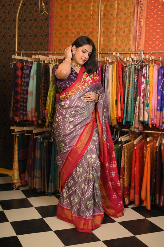 ⁠Lavender body with Red border saree