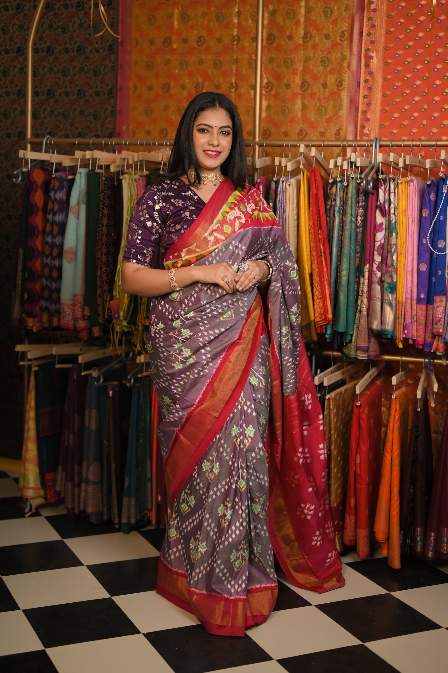 ⁠Lavender body with Red border saree