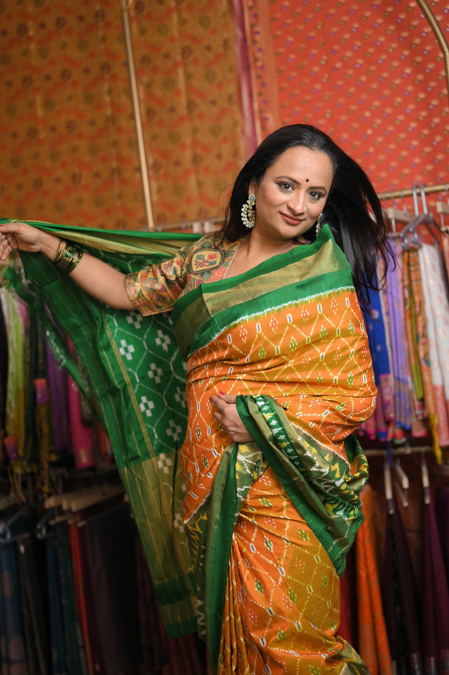 Mustard yellow body with Green border Saree