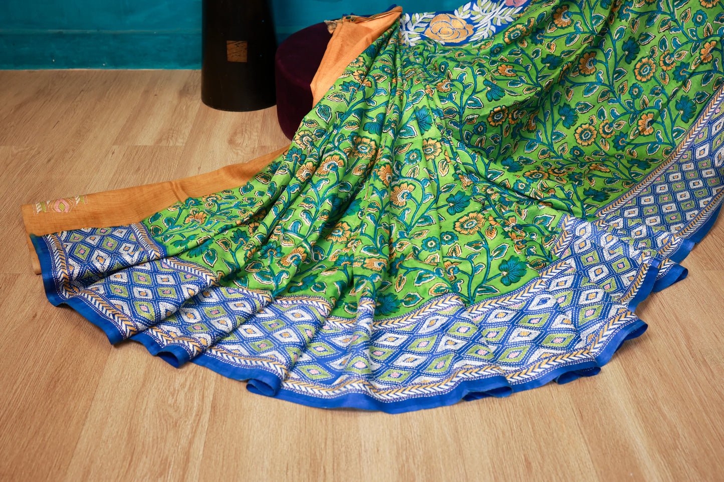 Green Handblocked Kantha Stitch Saree