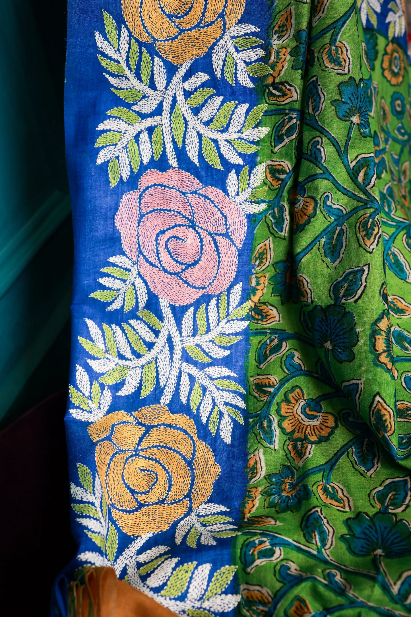 Green Handblocked Kantha Stitch Saree