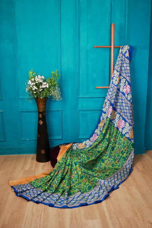 Green Handblocked Kantha Stitch Saree