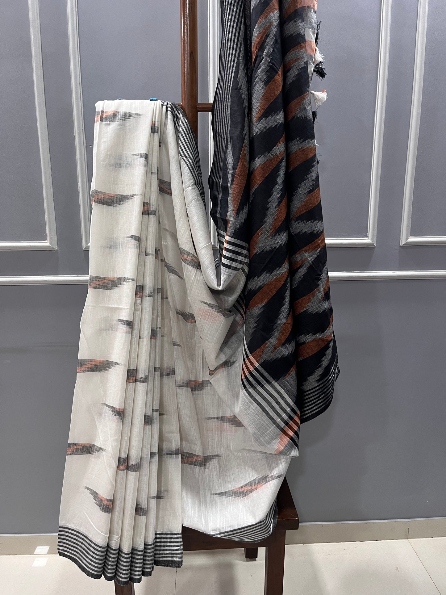 Pure Cotton Ikhat White and Grey Saree