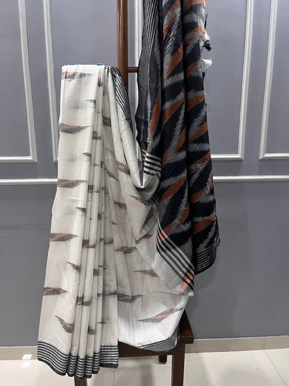 Pure Cotton Ikhat White and Grey Saree