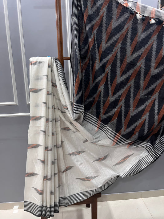 Pure Cotton Ikhat White and Grey Saree