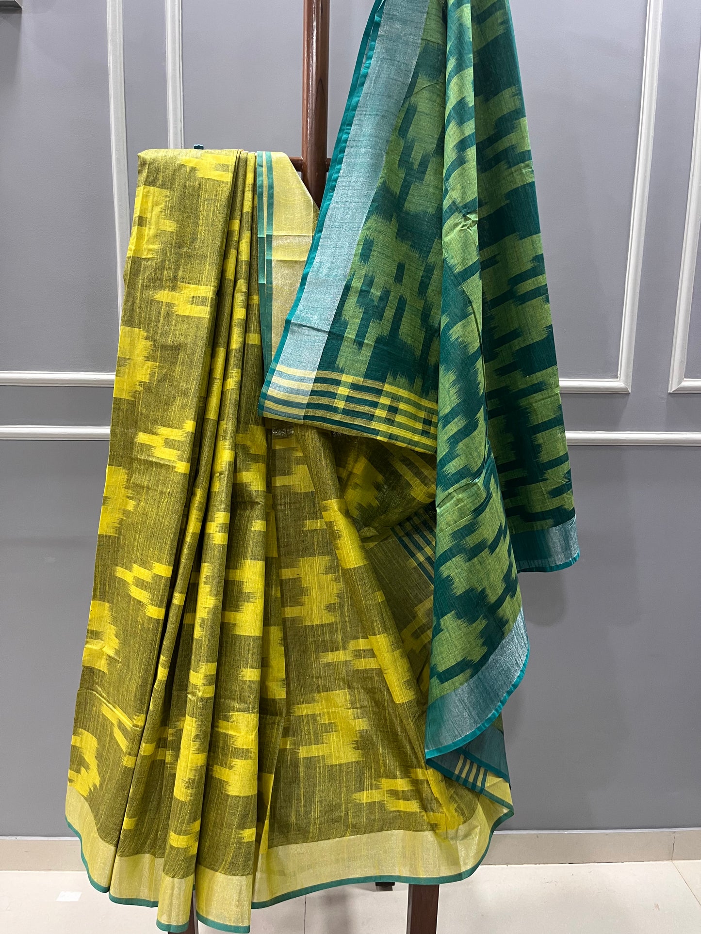 Pure Cotton Ikhat Sea Green & Olive Green Saree