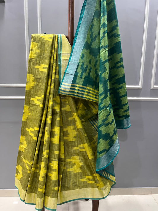 Pure Cotton Ikhat Sea Green & Olive Green Saree