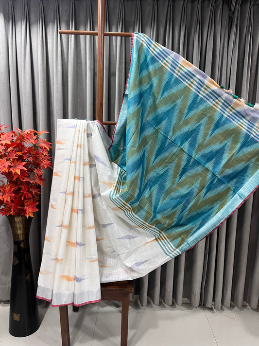 Pure Cotton Ikhat White and Blue Saree