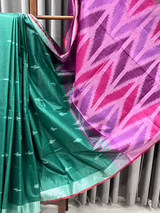 Pure Cotton Ikhat Dark Green & Rani Pink Saree