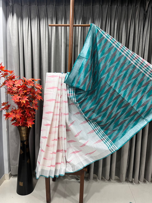 Pure Cotton Ikhat Cream & Sea Green Saree