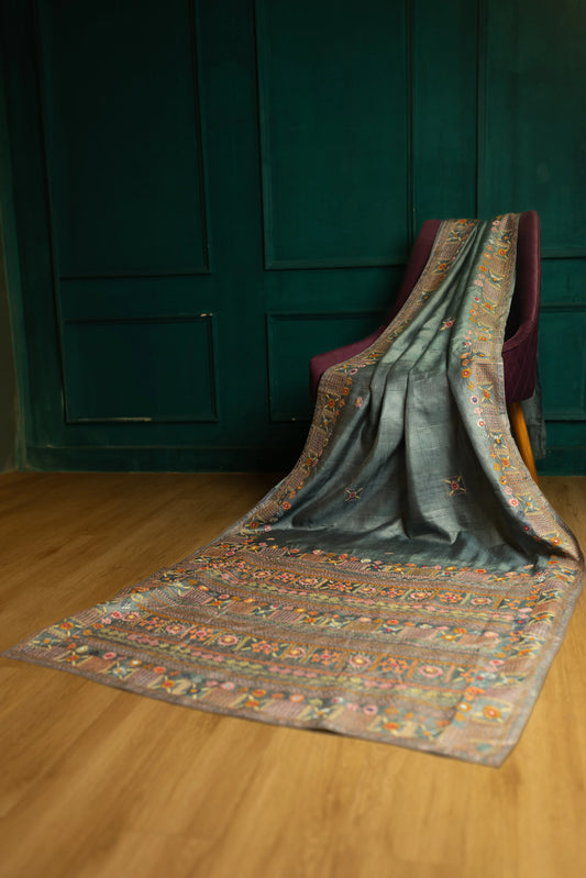 Smoky Teal Lamani Trible Handwork On Pure Tussar Saree