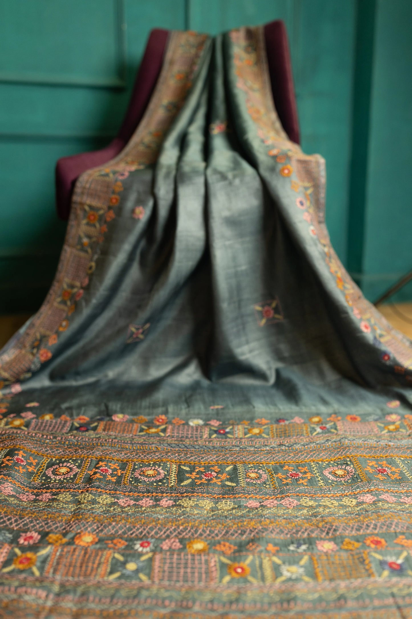 Smoky Teal Lamani Trible Handwork On Pure Tussar Saree