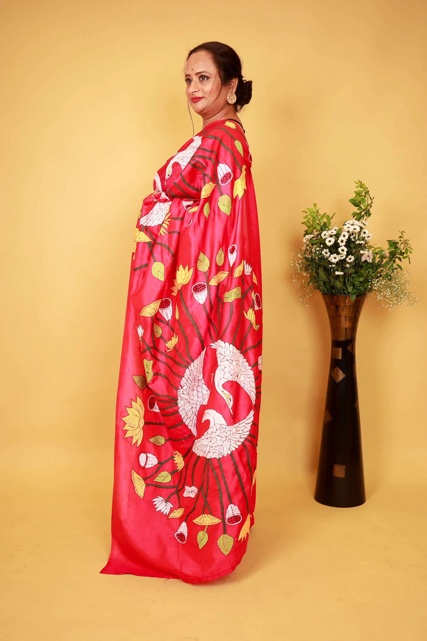 Flamingo Kantha Stitch Saree
