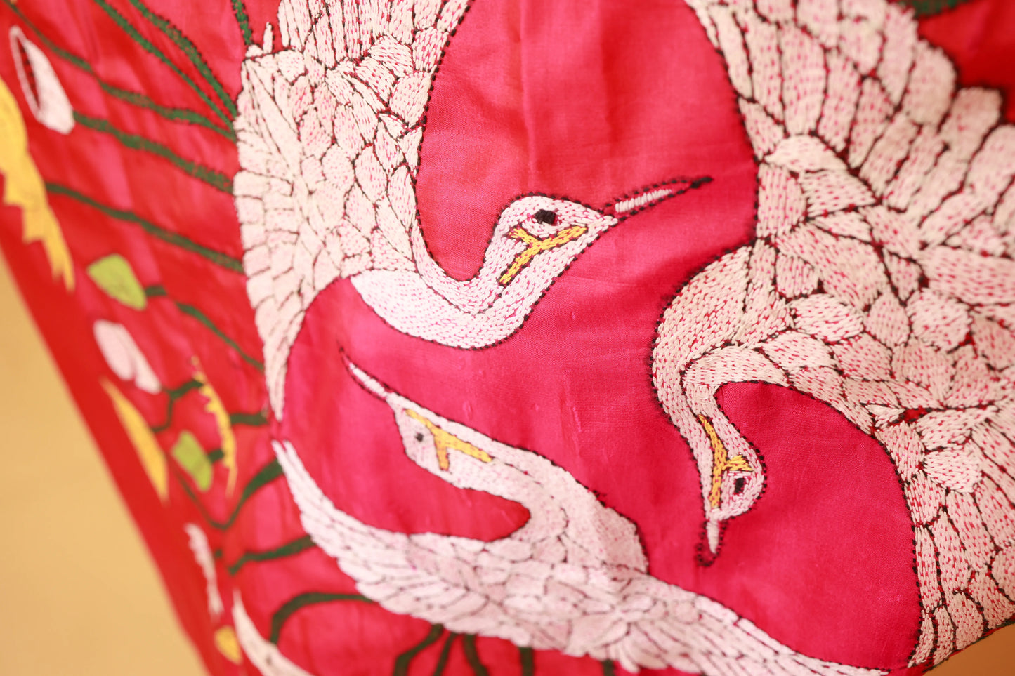 Flamingo Kantha Stitch Saree