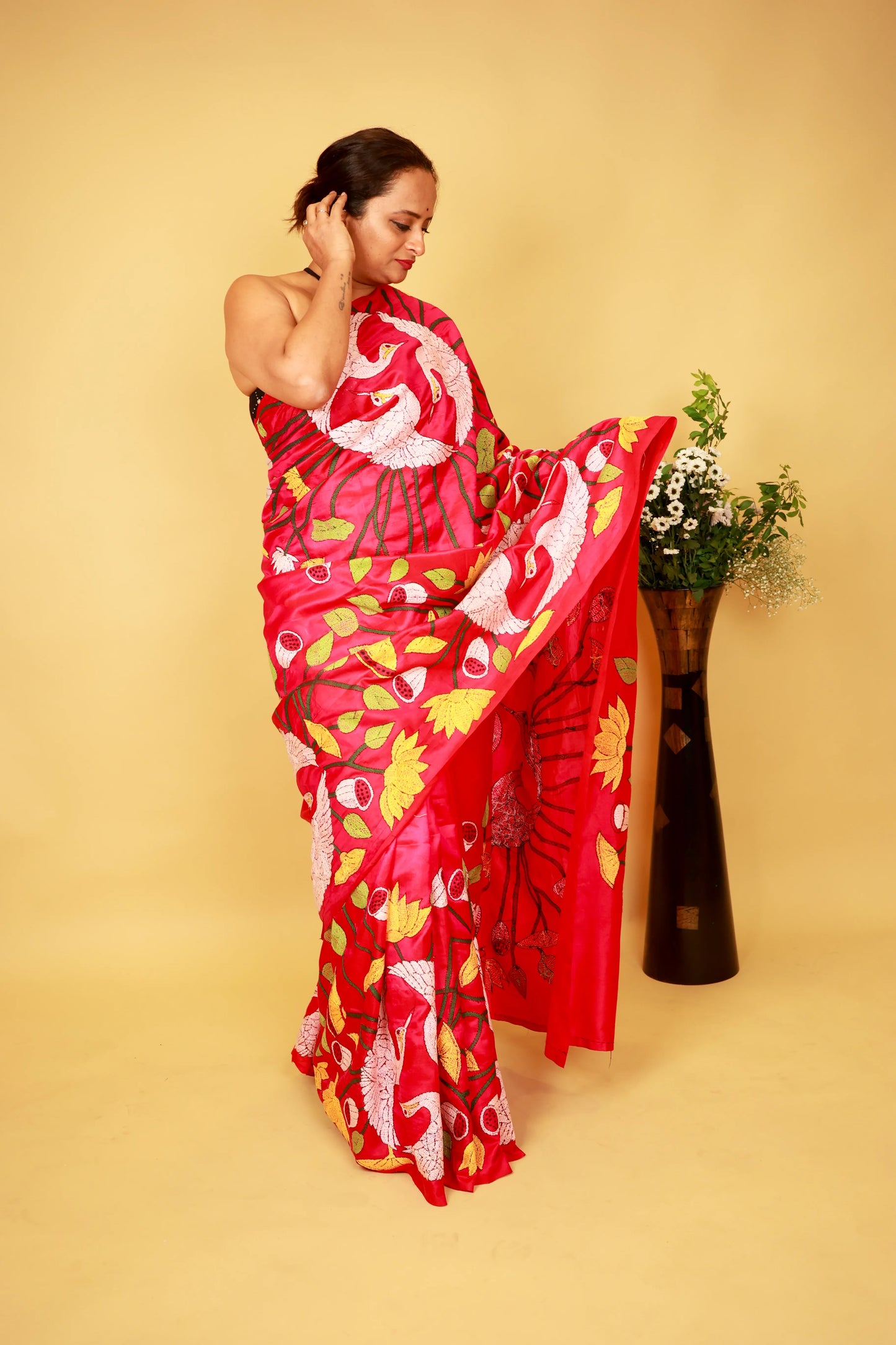 Flamingo Kantha Stitch Saree