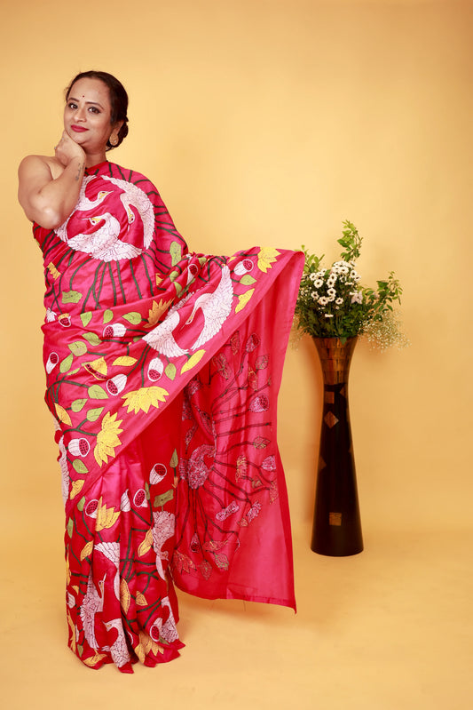 Flamingo Kantha Stitch Saree